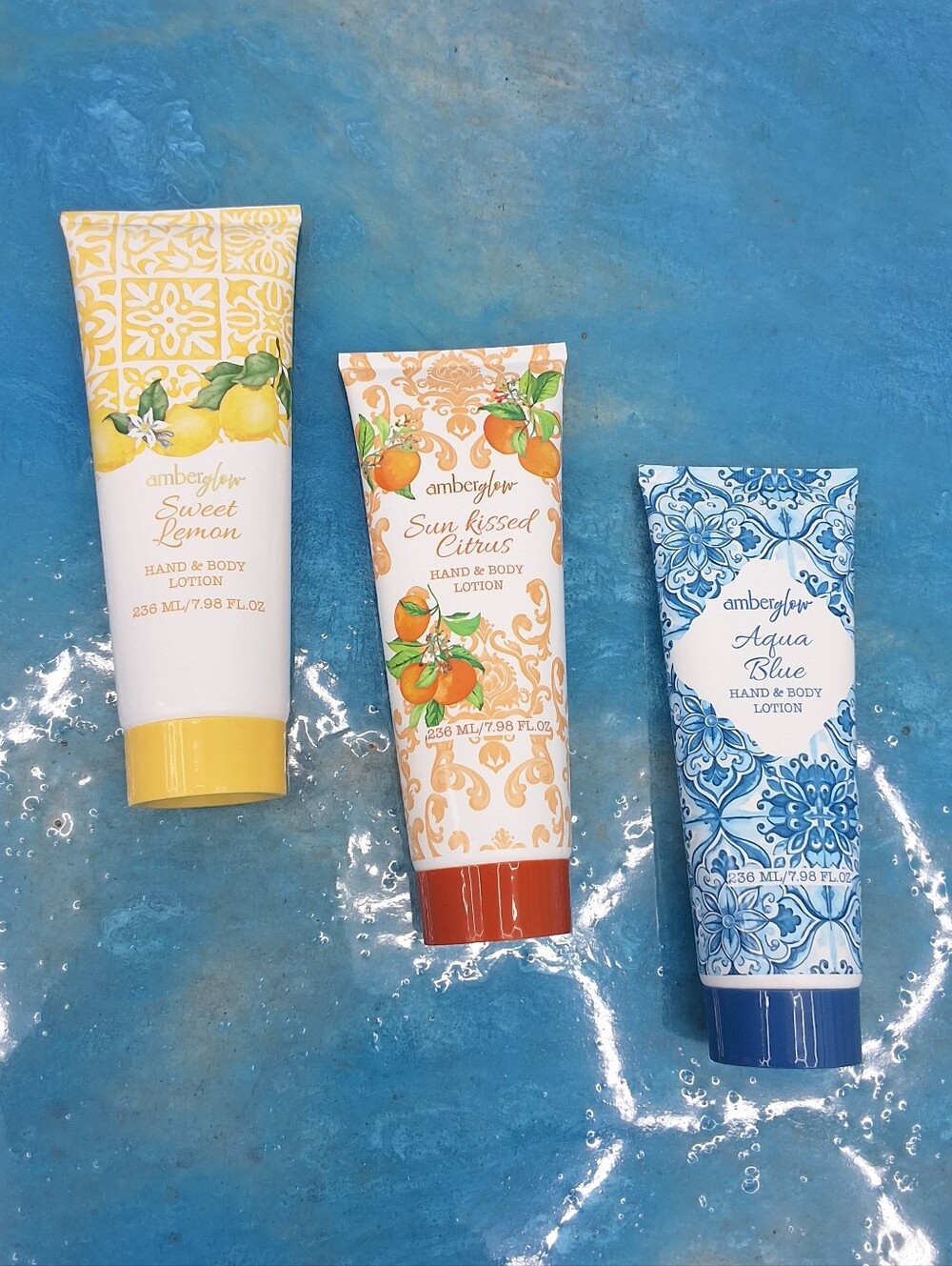 Amber Glow Set Of 3 Hand & Body Lotions Sweet Lemon Sun Kissed Citrus Aqua Blue